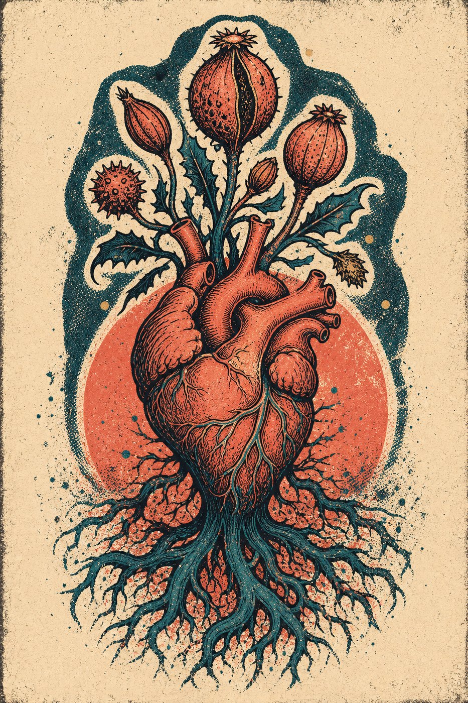 Root Signal — anatomical heart fused with seed pods and root systems, risograph texture